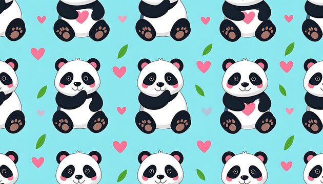 Cute panda bears with hearts pattern.
