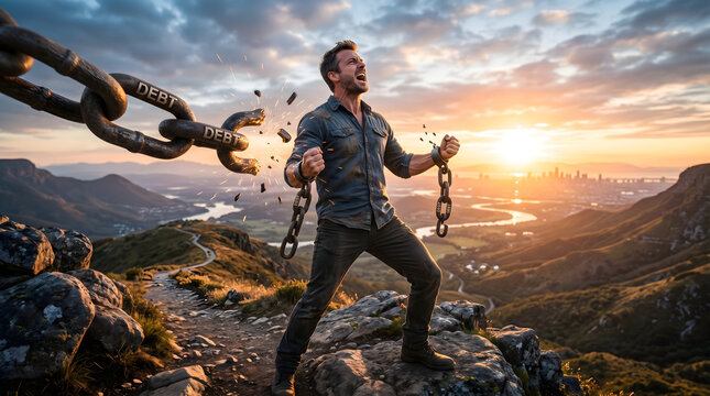 A liberated man standing on a mountain peak breaking free from heavy iron debt chains at sunrise golden hour cinematic lighting style