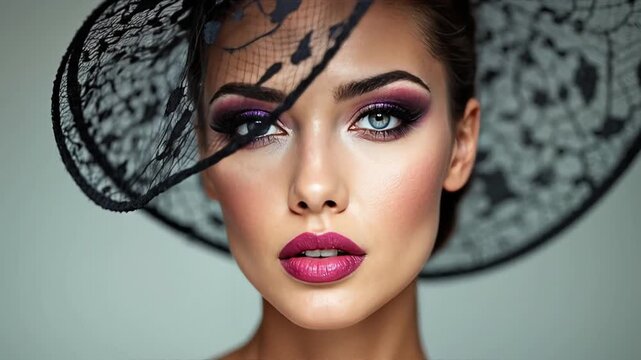 Close-up portrait of a woman with dramatic makeup and a stylish hat.