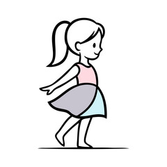 Logotipo de boutique de moda infantil. Dibujo sencillo con líneas de una niña andando de perfil, con un vestido con franjas de colores  © teracreonte