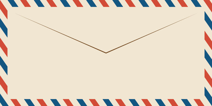 Airmail envelope frame with blue and red stripes on white background. International vintage letter border. Retro air mail postcard. Blank envelope. Vector illustration isolated on white background