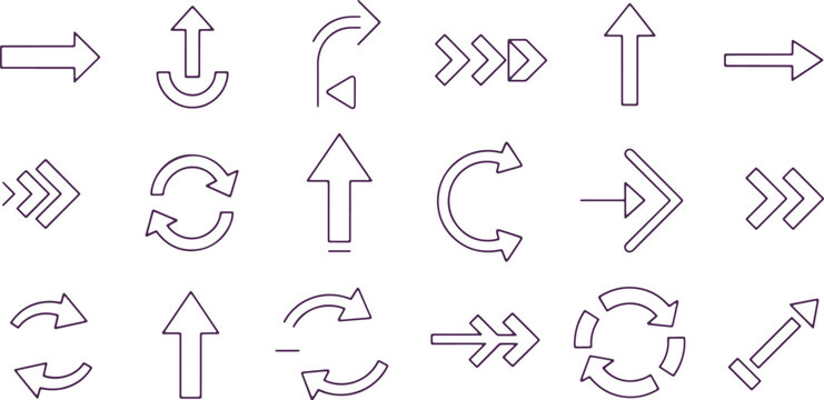 Assorted purple outlined arrows and arrow symbols on transparent background.