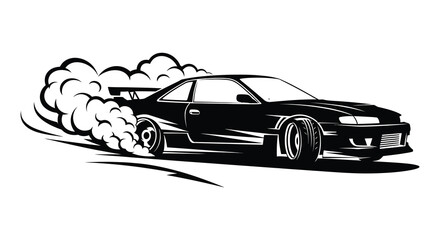 Sport car drifting with smoke trails dynamic black and white silhouette high quality professional detailed modern elegant stylish clean crisp vibrant © GDOthoi02
