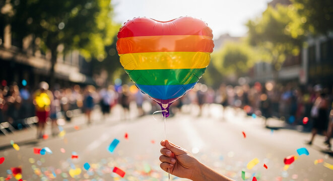 A heart-shaped rainbow balloon held at a parade with confetti, symbolizing pride, diversity, and celebration, representing LGBTQ+ community events and inclusivity