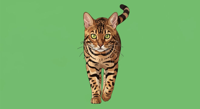Vector illustration of a purebred Bengal cat walking forward toward the viewer, featuring distinctive spotted and marbled fur patterns, green eyes, and whiskers on a solid green background.