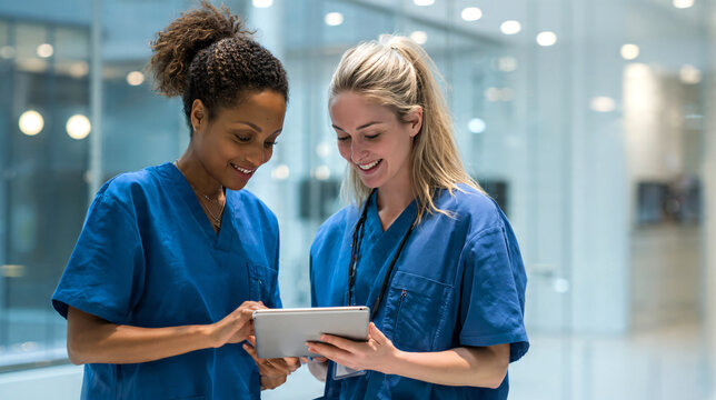 Two young diverse female medical professionals collaborating at a healthcare workplace, using a digital tablet to review patient medical records and case history.