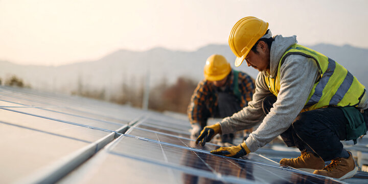 Technicians working on solar panel installation outdoors, renewable energy concept, safety gear and teamwork, minimal composition, soft natural lighting, high resolution, engineering and sustainabilit