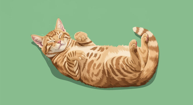 Vector illustration of a ginger tabby cat lying on its back with paws up and eyes closed, showing a happy expression against a solid green background with soft shadows.