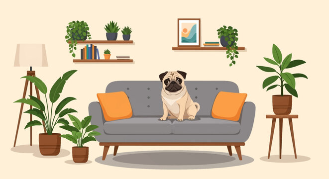 Vector illustration of a fawn pug dog sitting on a gray sofa with orange cushions in a modern living room featuring indoor houseplants, floor lamp, and decorative wall shelves.