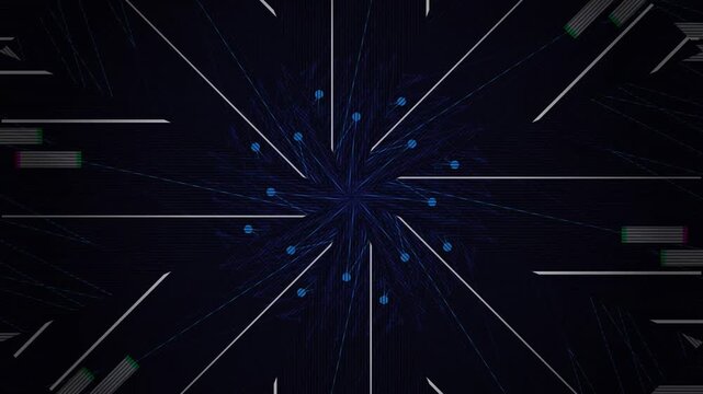 Glowing blue dots explode outward from center amidst intersecting lines