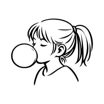 Logotipo con dibujo sencillo con l&iacute;neas de la cabeza de una ni&ntilde;a soplando una gran burbuja de chicle