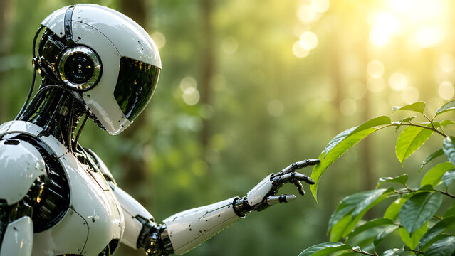 Robot gently touching a green plant in a serene natural setting, symbolizing the connection between technology.