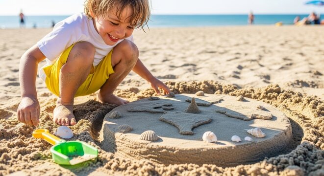 Young boy building sandcastle on sunny beach