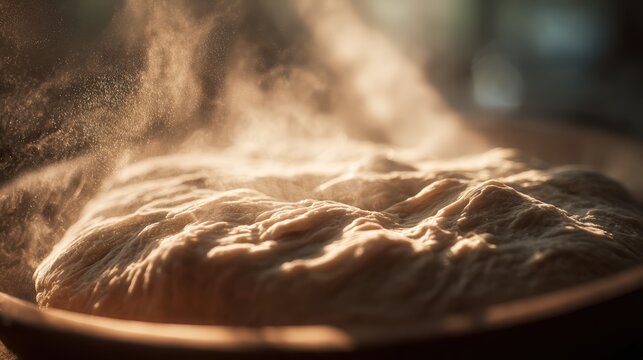 Side dough rising rapidly under radiant heat with expanding edges catching warm rim light