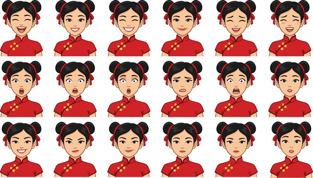 Chinese Girl Facial Expression Cartoon Vector Set with Multiple Emotions, Traditional Red Dress, and Diverse Character Faces for Animation, Emoji, and Kids Design Projects.