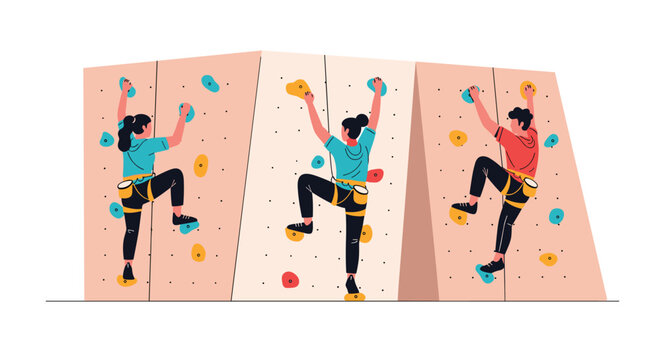 Group of active people enjoying indoor rock climbing on a textured wall with colorful grips and safety ropes in a flat illustration.