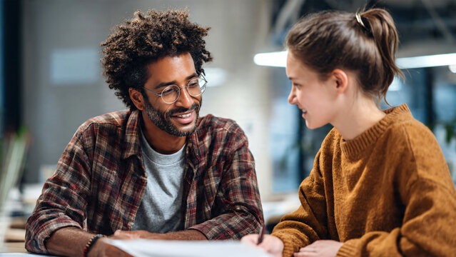 Young male mentor or teacher guiding a female student of diverse background, sitting together in a modern office or study space, discussing coursework and reviewing documents. 