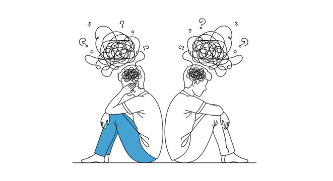 Conceptual line art depicts two people sitting back to back with complex scribbled thought bubbles representing mental health and anxiety.