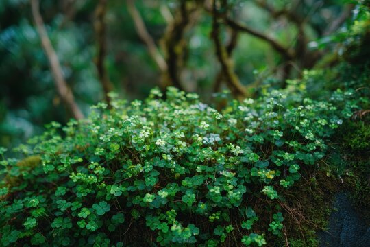 苔むした林床に小さな緑の植物が密集して生えている