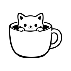 Logo cafetería Pet Friendly. Dibujo sencillo con líneas de un gato simpático asomando de una taza de café © teracreonte