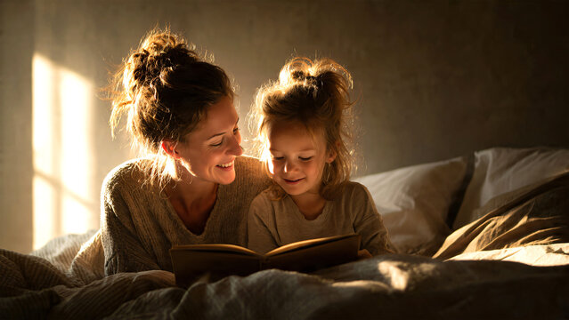 Loving mother reading a story to her daughter in bed, joyful bonding moment, golden morning sunlight,family concept.
