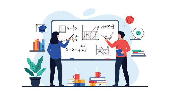 Two students stand in front of a large whiteboard filled with complex mathematical equations and geometric diagrams for a study session.