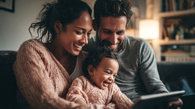 Happy young multiethnic family , parents holding a cute infant daughter while watching cartoons on a digital tablet,  modern family lifestyle, cozy living room.