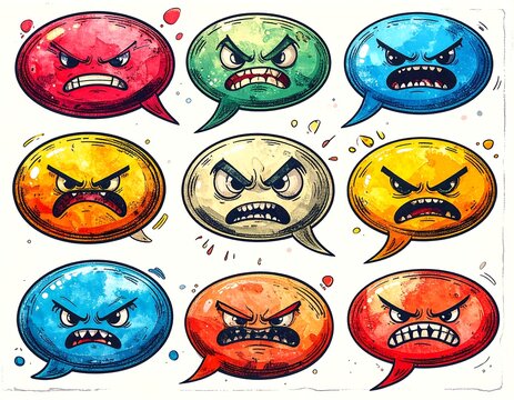 Nine colorful, watercolor-style speech bubbles show angry, scowling faces