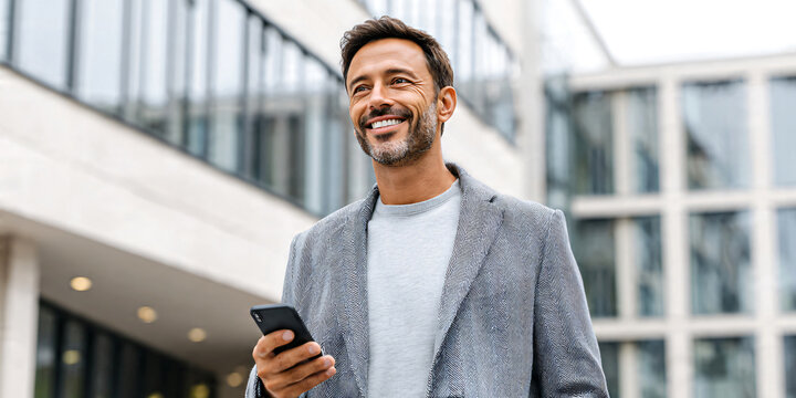 Businessman standing outdoors using a smartphone, smiling while checking a mobile app for rewards, finance tracking, or digital services. Confident and relaxed expression, modern urban background.