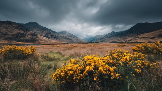 Dramatic Scottish Highlands Landscape with Yellow Gorse and Moody Sky.