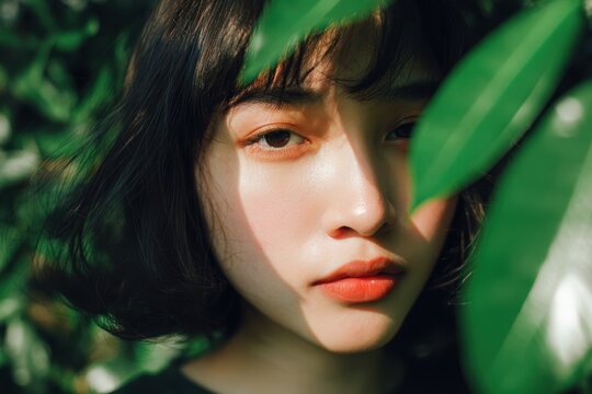 短い髪の若い女性は緑の葉を通して見ます