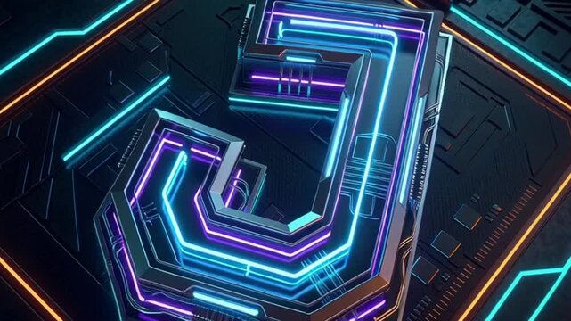 Neon illuminated letter j on circuit board background digital design