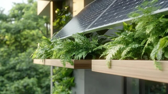 Solar panel, modern architectural structure displaying lush green vegetation, efficient energy system on a building, representing sustainable design and ecological innovation.