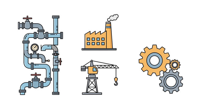 Industrial machinery and factory icons.