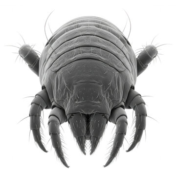 Scanning electron micrograph of a dust mite, showing the segmented body, jointed legs, and fine sensory hairs isolated on a black background