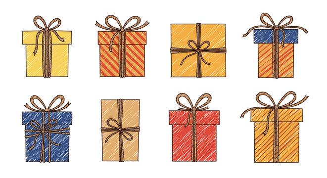 Variety of eight colorful hand-drawn gift boxes tied with simple brown string bows for festive occasions and celebration themes.