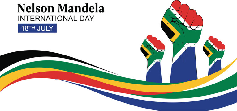 Nelson Mandela International Day banner with South African flag colored raised fists and wavy ribbon graphic vector illustration for human rights celebration.
