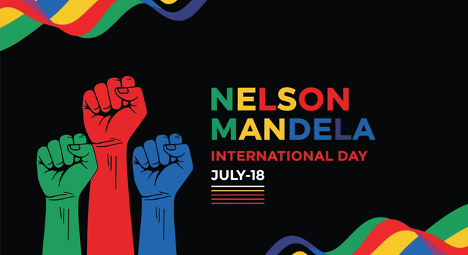 Nelson Mandela International Day banner with raised fists and colorful waves on black background for human rights and social justice awareness vector