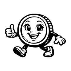 Logo con dibujo de moneda caricaturizada con ojos grandes y pestañas, sonriendo mientras camina y hace un gesto de “pulgar arriba” © teracreonte