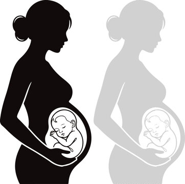 Pregnant Woman Silhouette with Fetus inside Womb Vector Illustration