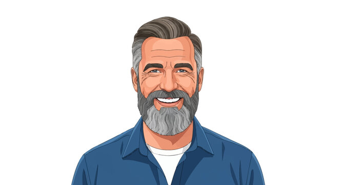 Vector illustration of a cheerful mature Caucasian man with a grey beard and short hair, wearing a blue button-down shirt and white undershirt, isolated on a plain white background.