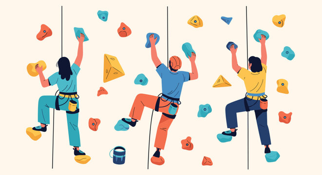 Colorful illustration of several people practicing indoor wall climbing on a variety of colored grips and textured holds.