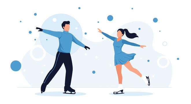 Elegant pair of professional figure skaters performing a graceful dance routine on an ice rink with abstract winter elements.