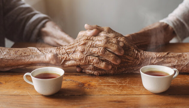 Symmetrical view of old hands holding each other on wooden table with tea cups beside them in warm light