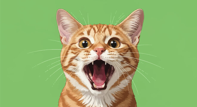 Close-up vector illustration of a surprised orange tabby cat with its mouth wide open, showing teeth and tongue, isolated on a solid green background with detailed whiskers.