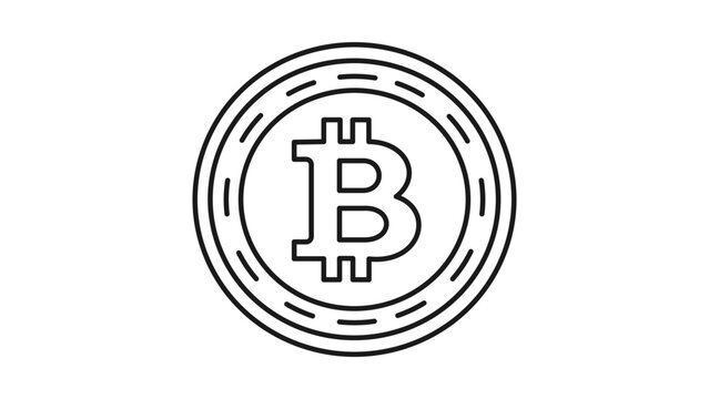 Bitcoin coin minimalist black line vector icon with an editable stroke, representing a physical cryptocurrency token in a clean illustration style for modern digital finance and web technology.