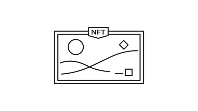 Blockchain NFT frame vector icon with editable stroke featuring hexagonal logo for digital assets. Minimalist black line illustration for crypto collectibles and technology gallery platforms.
