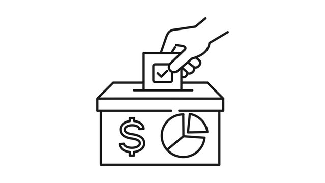 Minimalist proxy voting vector icon showing a hand casting a ballot with an editable stroke, ideal for corporate governance and election illustration in a clean black line art style.