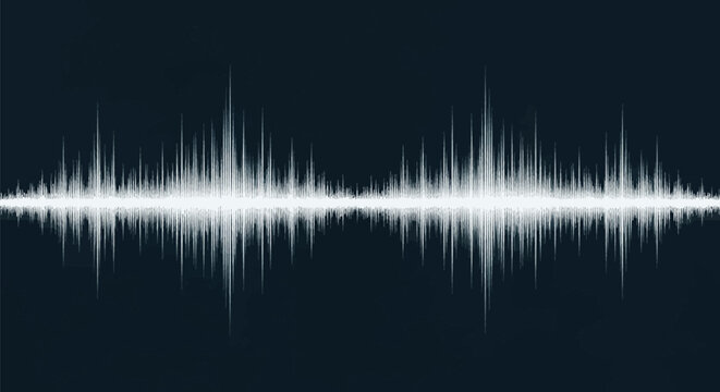 Abstract digital visualization of white sound waveforms showing audio frequency peaks and signal amplitude modulation on a dark navy background for music and acoustics.