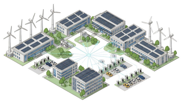 Isometric Smart Renewable Energy Campus with Solar Roofs, Wind Towers, EV Charging Hubs and Connected Microgrids &ndash; Architectural CAD Vector Set Isolated on White